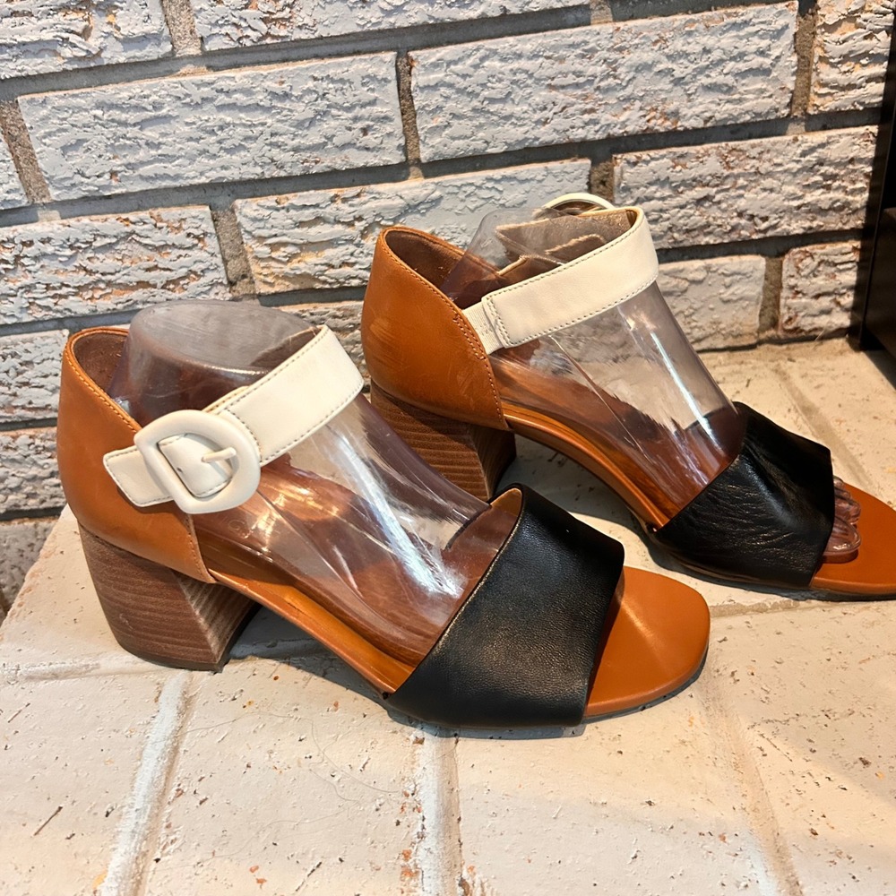 Vionic Chardonnay Tri-Tone Leather Block Heel Sandals Black Tan Cream Size 10